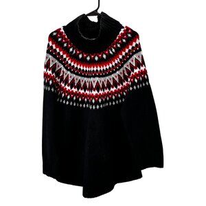J Jill Wool Blend Nordic Fair Isle Sweater M Black Red Cowl Neck Cozy Cabin